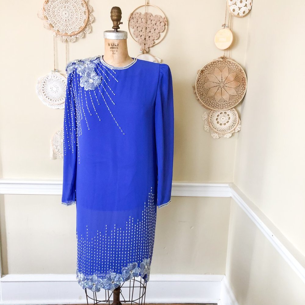 SOLD Vintage 1980s Blue Beaded Sequin Shift Dress - Picture 1 of 7